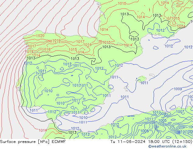 Surface pressure ECMWF Tu 11.06.2024 18 UTC