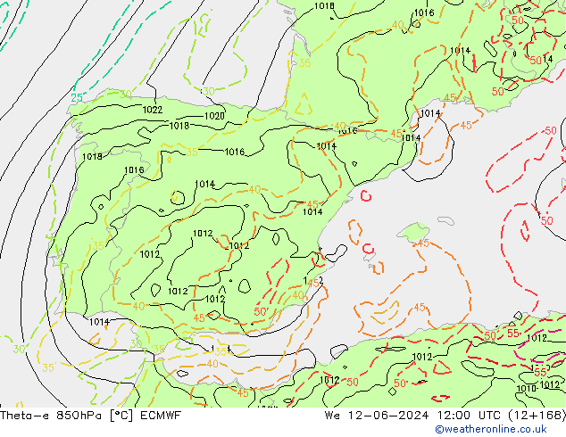 Theta-e 850hPa ECMWF wo 12.06.2024 12 UTC