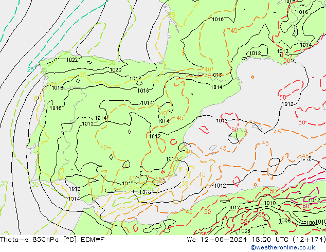 Theta-e 850hPa ECMWF We 12.06.2024 18 UTC