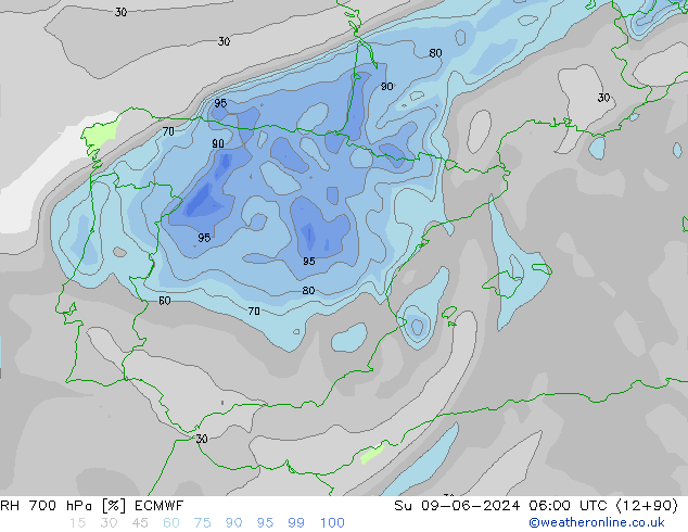 RH 700 hPa ECMWF Su 09.06.2024 06 UTC