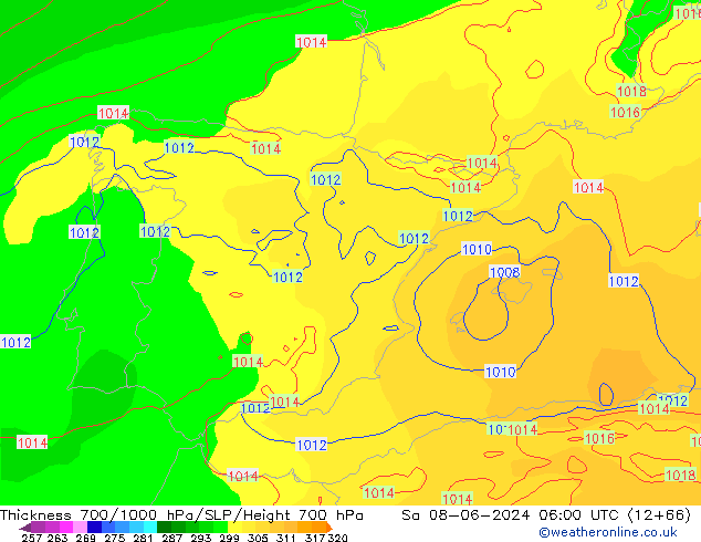 Thck 700-1000 hPa ECMWF sam 08.06.2024 06 UTC