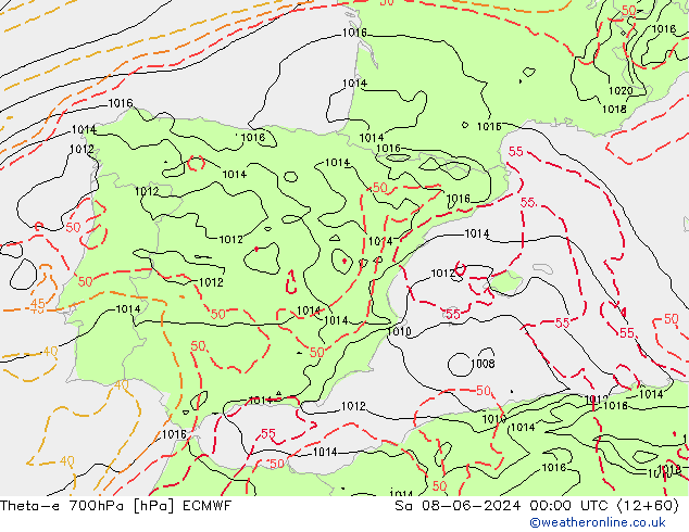 Theta-e 700hPa ECMWF Sa 08.06.2024 00 UTC