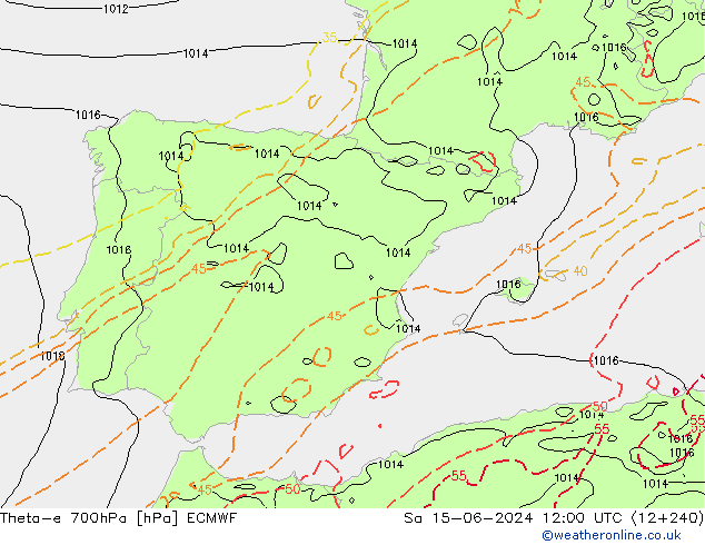 Theta-e 700hPa ECMWF za 15.06.2024 12 UTC