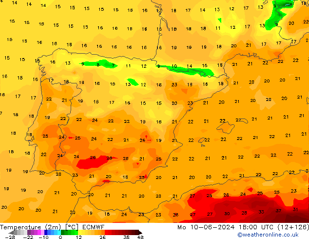 Temperature (2m) ECMWF Mo 10.06.2024 18 UTC