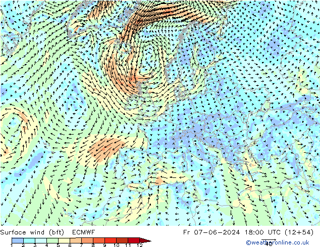 Vento 10 m (bft) ECMWF Sex 07.06.2024 18 UTC