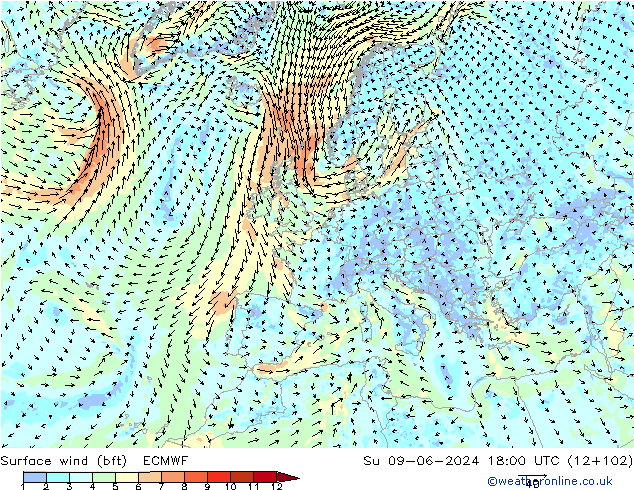 Rüzgar 10 m (bft) ECMWF Paz 09.06.2024 18 UTC