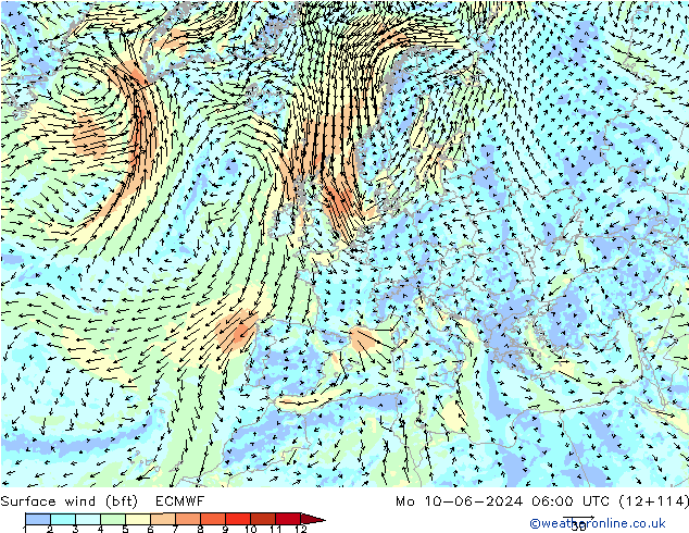 wiatr 10 m (bft) ECMWF pon. 10.06.2024 06 UTC