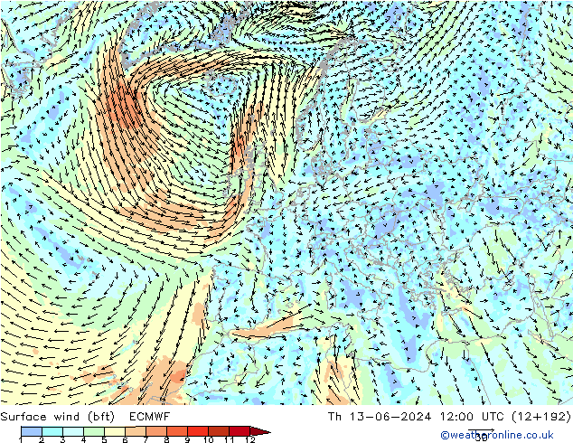 Bodenwind (bft) ECMWF Do 13.06.2024 12 UTC