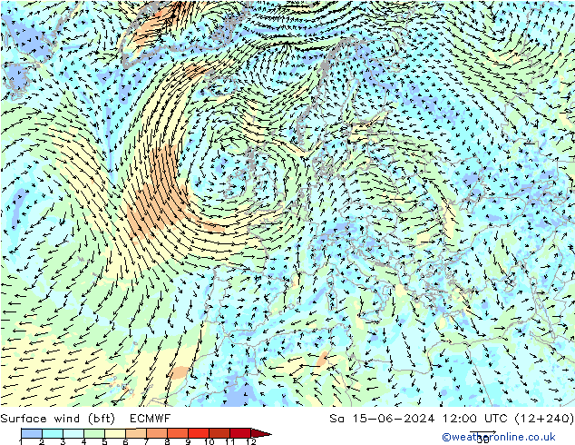 Surface wind (bft) ECMWF So 15.06.2024 12 UTC