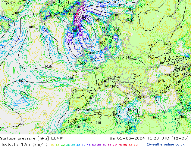 Isotachs (kph) ECMWF mer 05.06.2024 15 UTC