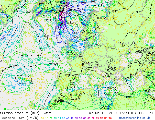 Isotachs (kph) ECMWF We 05.06.2024 18 UTC