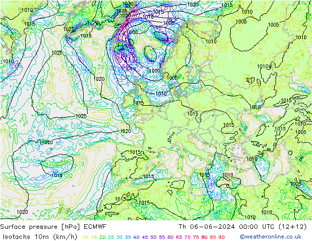 Isotachs (kph) ECMWF jeu 06.06.2024 00 UTC