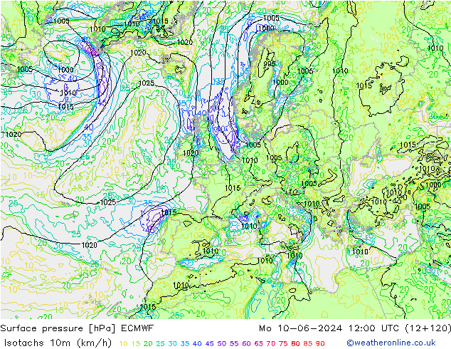 Isotachen (km/h) ECMWF ma 10.06.2024 12 UTC