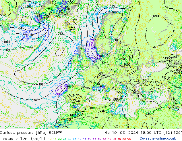 Isotaca (kph) ECMWF lun 10.06.2024 18 UTC