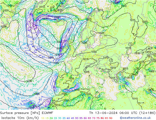 Isotachen (km/h) ECMWF do 13.06.2024 06 UTC