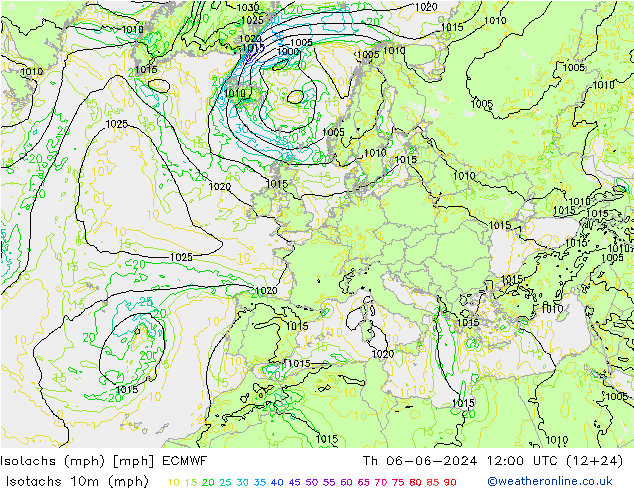 Isotachen (mph) ECMWF Do 06.06.2024 12 UTC