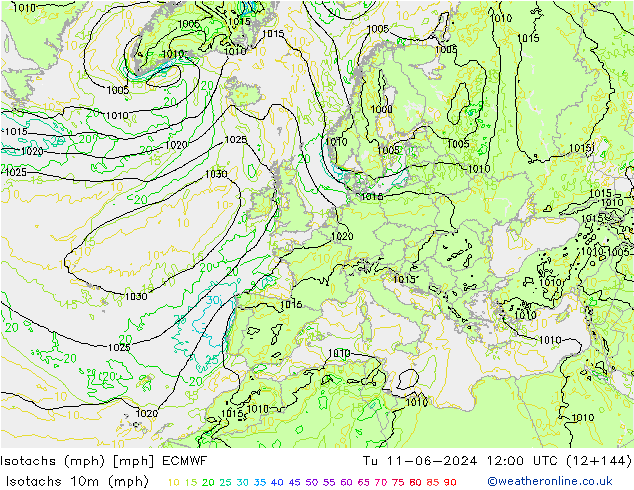 Isotachen (mph) ECMWF Di 11.06.2024 12 UTC