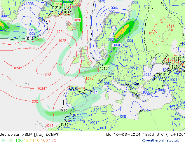 Jet stream/SLP ECMWF Mo 10.06.2024 18 UTC