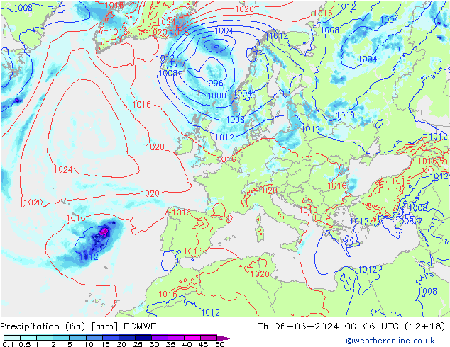 Z500/Rain (+SLP)/Z850 ECMWF czw. 06.06.2024 06 UTC