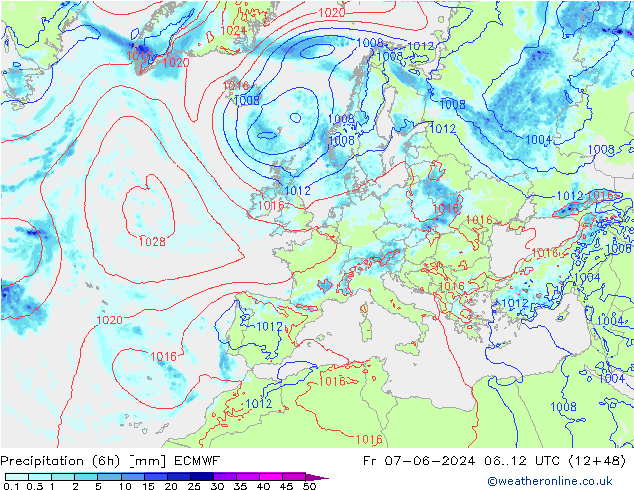 Z500/Rain (+SLP)/Z850 ECMWF Fr 07.06.2024 12 UTC