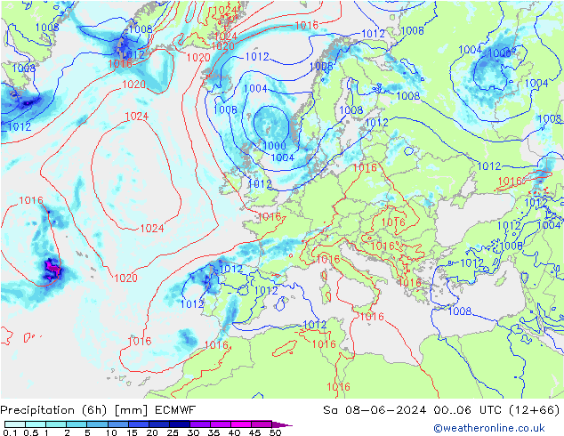 Z500/Rain (+SLP)/Z850 ECMWF Sáb 08.06.2024 06 UTC