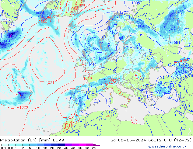 Z500/Rain (+SLP)/Z850 ECMWF So 08.06.2024 12 UTC