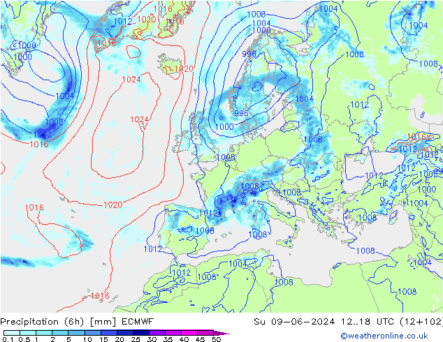 Z500/Regen(+SLP)/Z850 ECMWF zo 09.06.2024 18 UTC