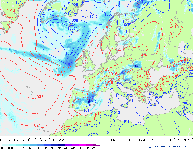 Precipitação (6h) ECMWF Qui 13.06.2024 00 UTC