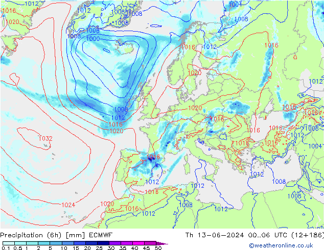 Nied. akkumuliert (6Std) ECMWF Do 13.06.2024 06 UTC