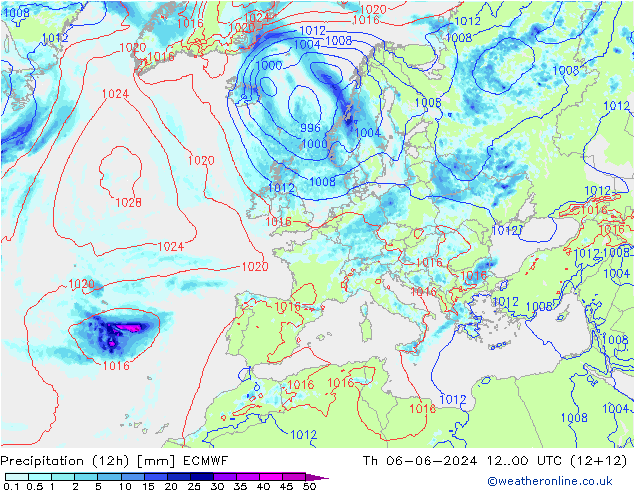 Precipitation (12h) ECMWF Čt 06.06.2024 00 UTC