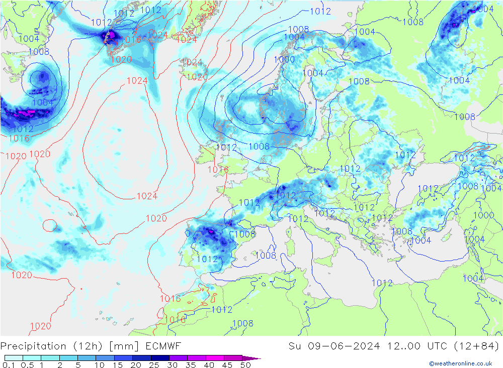 Precipitación (12h) ECMWF dom 09.06.2024 00 UTC