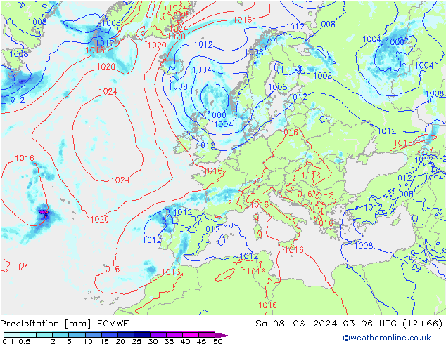 Srážky ECMWF So 08.06.2024 06 UTC