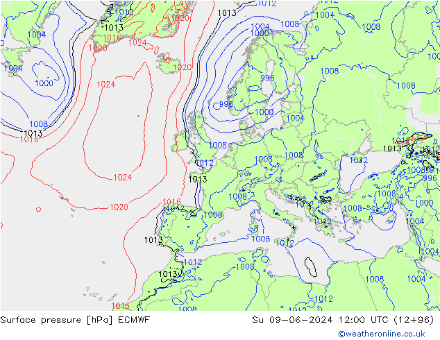 Bodendruck ECMWF So 09.06.2024 12 UTC