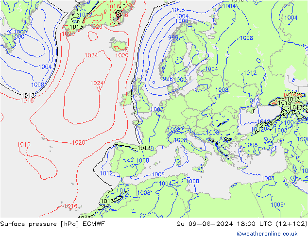 Atmosférický tlak ECMWF Ne 09.06.2024 18 UTC