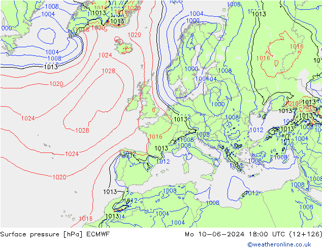 Surface pressure ECMWF Mo 10.06.2024 18 UTC