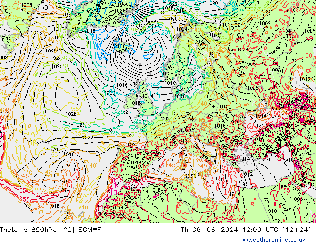 Theta-e 850hPa ECMWF jue 06.06.2024 12 UTC