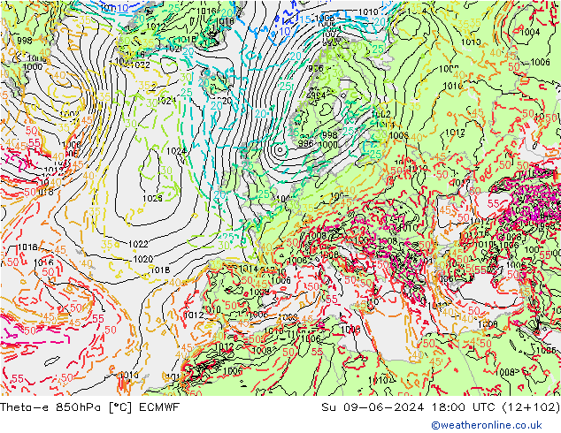 Theta-e 850hPa ECMWF Su 09.06.2024 18 UTC