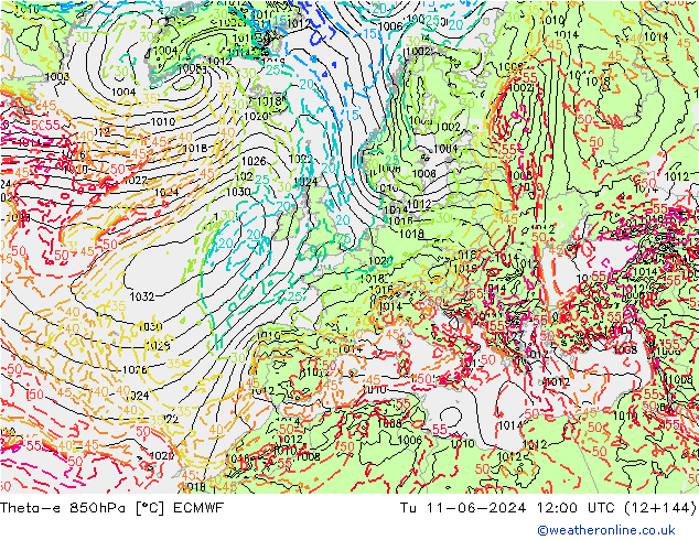 Theta-e 850hPa ECMWF Tu 11.06.2024 12 UTC