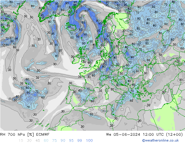 Humidité rel. 700 hPa ECMWF mer 05.06.2024 12 UTC