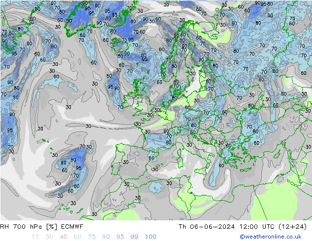 RH 700 hPa ECMWF Čt 06.06.2024 12 UTC