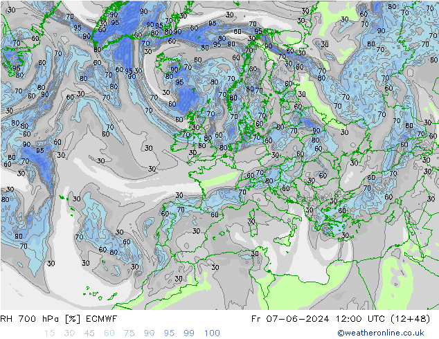 Humidité rel. 700 hPa ECMWF ven 07.06.2024 12 UTC