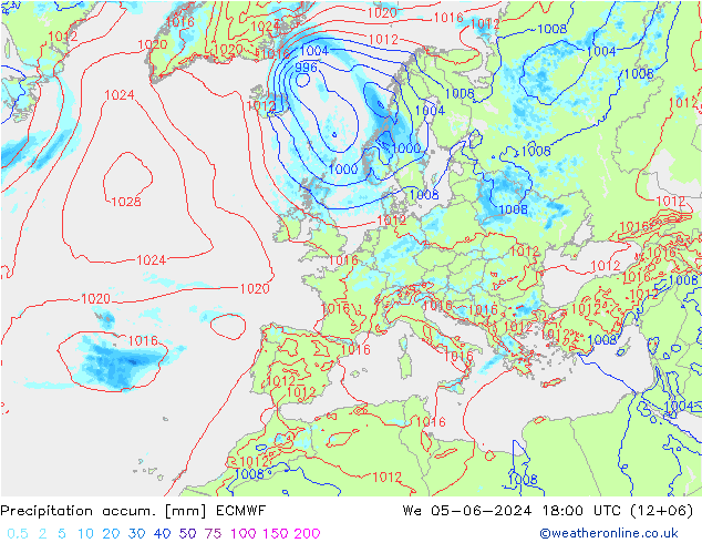 Precipitation accum. ECMWF śro. 05.06.2024 18 UTC