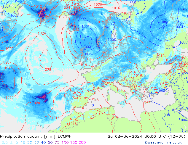 Precipitation accum. ECMWF Sa 08.06.2024 00 UTC