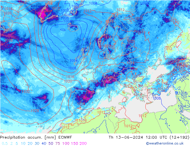 Precipitation accum. ECMWF Čt 13.06.2024 12 UTC