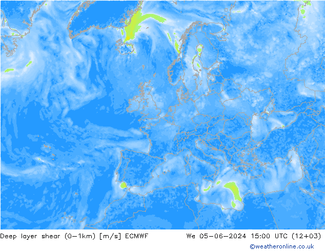 Deep layer shear (0-1km) ECMWF Mi 05.06.2024 15 UTC