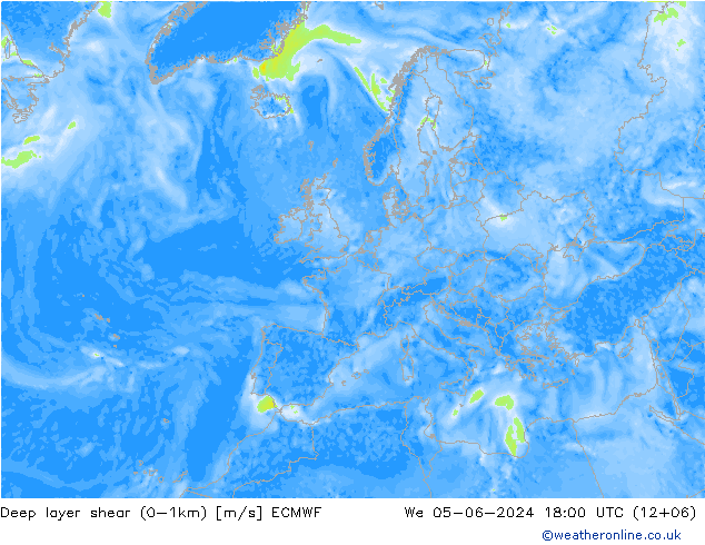 Deep layer shear (0-1km) ECMWF We 05.06.2024 18 UTC