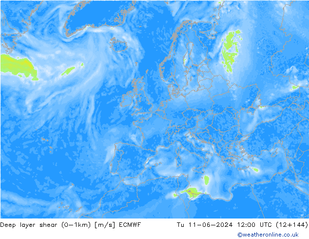 Deep layer shear (0-1km) ECMWF Di 11.06.2024 12 UTC