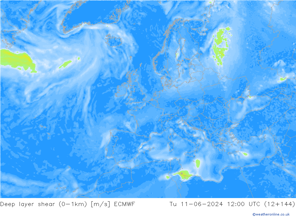 Deep layer shear (0-1km) ECMWF Di 11.06.2024 12 UTC