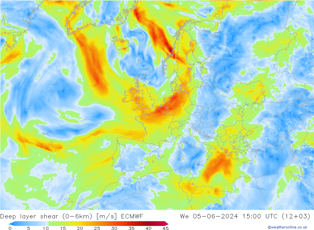 Deep layer shear (0-6km) ECMWF Mi 05.06.2024 15 UTC