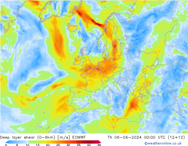 Deep layer shear (0-6km) ECMWF Per 06.06.2024 00 UTC